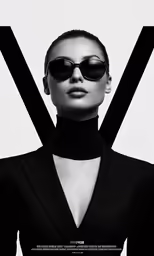 a woman with sunglasses in a black dress and suit