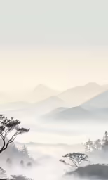 a black and white photo of trees, mountains, and fog