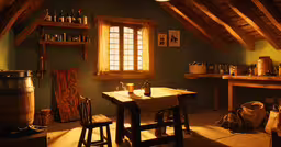 a kitchen area features an oak table and wine barrels,an old - fashioned kitchen with a wooden table and bar area