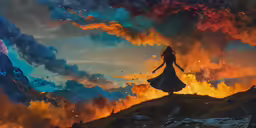 a woman in a long dress walks on a mountain top as bright orange clouds fill the sky