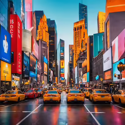 yellow taxi cabs and cabs lined up on the street in new york city