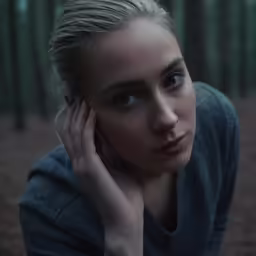 a woman with blue eyes is in the woods