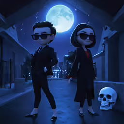 two cartoon characters standing in an alley with a full moon