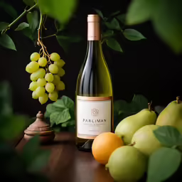 a close up of wine bottle and grapes on a table
