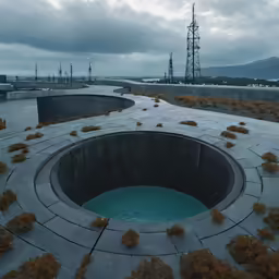 a circular water pit on top of a cement field