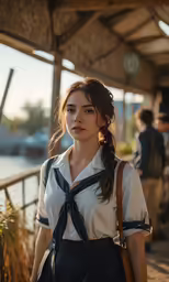 a girl in school uniform is standing at the dock