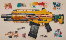 an orange and black rifle with some colorful pictures on it
