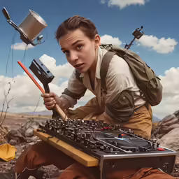 the woman with many things is playing with sound equipment