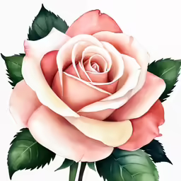 a white and pink rose with green leaves
