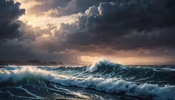 the sun rays through stormy clouds over a wave,a large body of water with waves in it