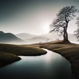 two trees on a hill near a lake