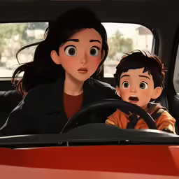 a woman driving in the car with a little boy