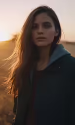 young woman standing on a field with long hair blowing in the wind