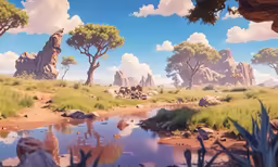 a computer artwork of trees and mountains