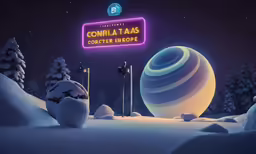 a glowing sign and some trees in the snow