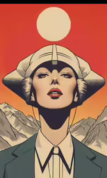 a woman in a military uniform with a red sky in the background