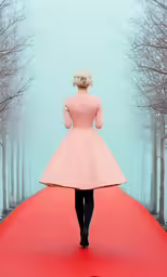 a woman walking down the runway in a pink dress