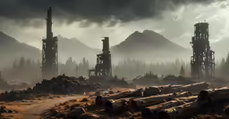 a picture that looks like a painting with many structures in it