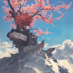 a large tree with flowers against a blue sky