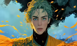 there is a digital rendering of a person with green hair and blue eyes