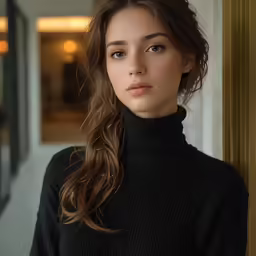 a woman wearing a black turtle neck is standing in front of a door