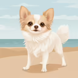 a drawing of a small dog standing on the beach