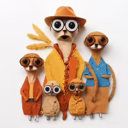 a man is surrounded by five little cartoon people