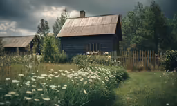 a small blue house sits near the woods
