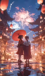 the two women are looking out at the city while holding umbrellas