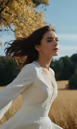 woman in a long white dress posing with the wind