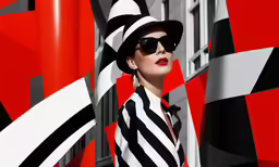 a woman in a black and white outfit with hat