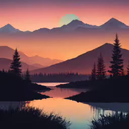a sunset view of mountains and a lake,a very nice mountain scene with a body of water
