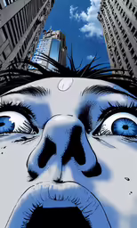 a cartoon depicting two large blue eyes and one blue building