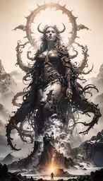 a woman with horns, standing in the middle of an artwork
