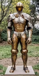 a gold and silver robot standing in the grass