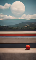 an orange object is sitting on a concrete bench