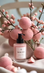 the bottle is sitting next to a flower and small fruit