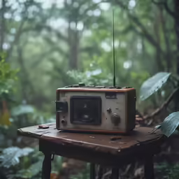 an old radio sits on a small table in the woods
