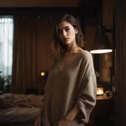 a young woman stands in front of the bed