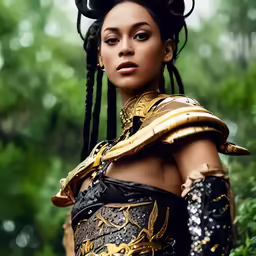 a beautiful woman wearing an elaborately dressed outfit