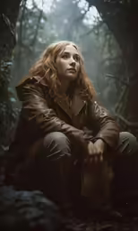 a woman with red hair crouches in a dark forest