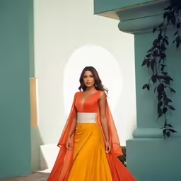 a woman in an orange and yellow dress with long cape on