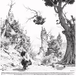 a child kneeling by a tree in the snow