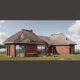 a red brick house with a grassy field and cloudy sky