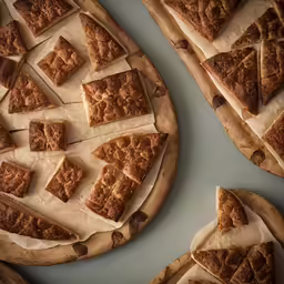 pieces of brownie are placed on top of wooden boards