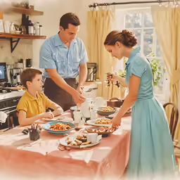 a woman in a tea house serving food to a man and his kids