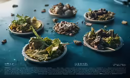 a blue table topped with bowls filled with food