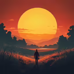 the man is walking in front of a large sun
