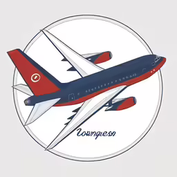 a blue, red and white commercial airliner flying through the air