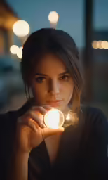 the woman is holding up a small light